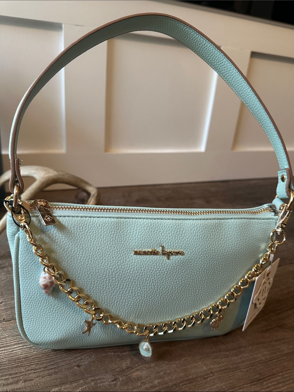 Nanette Lepore Mint Green leather with shells/turtle Accent Shoulder Bag